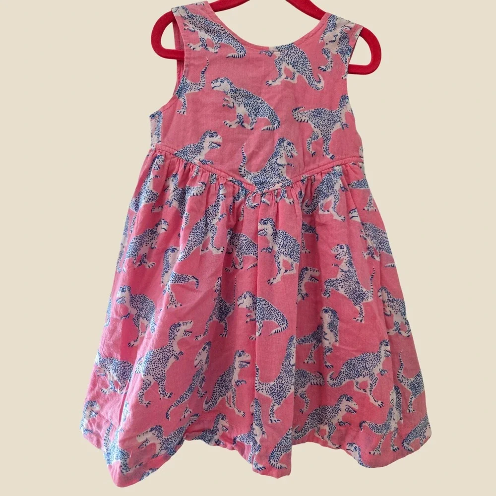 Pink Chicken New York Girls Pink Blue Dinosaur Print Cotton Tie Back Dress 4Y